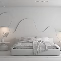 Modern Bedroom Interior Design With Wavy Light Strip Gray Wall Brown Bed And Green Plant