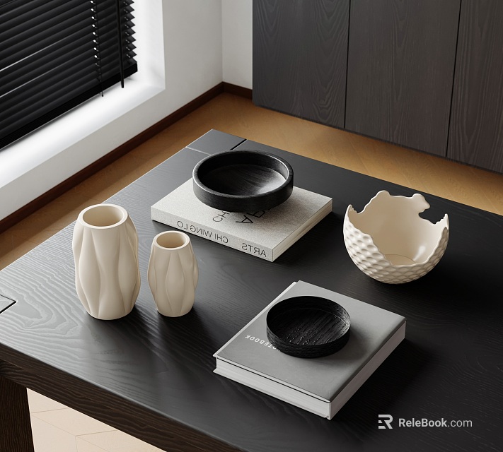 Modern Decorative Ornament Set with White Vases Black Trays Shell Shaped Ornament on Books Table 3d model 
