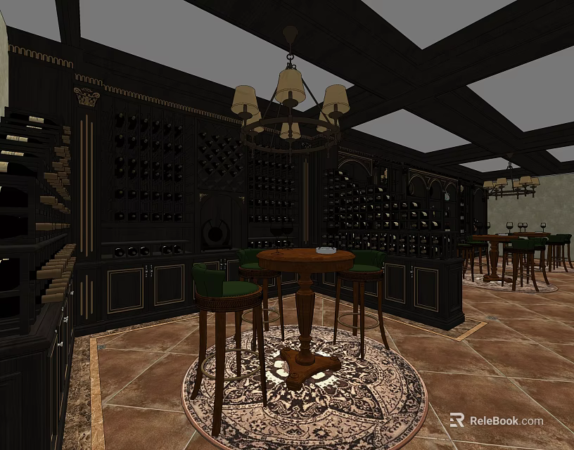 Elegant Wine Cellar with Dark Wood Wine Racks Chandeliers and Round Table with Green Chairs 3d model 