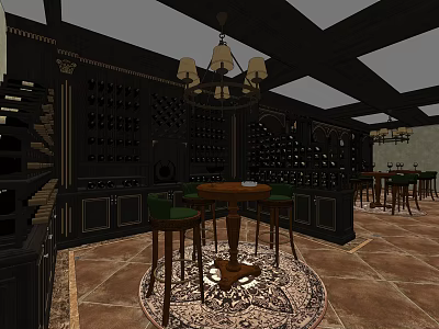 Elegant Wine Cellar with Dark Wood Wine Racks Chandeliers and Round Table with Green Chairs 3d model