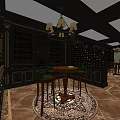 Elegant Wine Cellar with Dark Wood Wine Racks Chandeliers and Round Table with Green Chairs