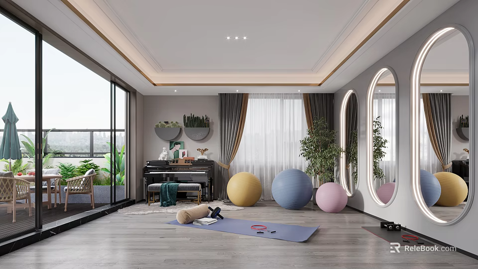 Bright Home Fitness Area With Yoga Mat Exercise Balls And Dumbbells 3d model 