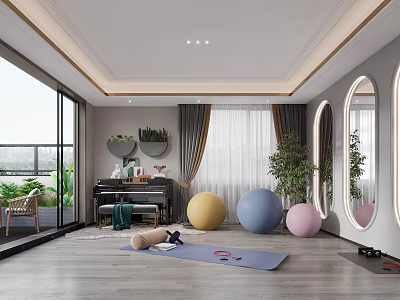 Bright Home Fitness Area With Yoga Mat Exercise Balls And Dumbbells 3d model