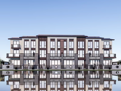 Modern Villa Architectural Exterior Design With Waterfront View Balconies And Clear Reflection 3d model