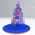 Colorful Layered Decorative Tower With Blue Base And Pink Flower Accents