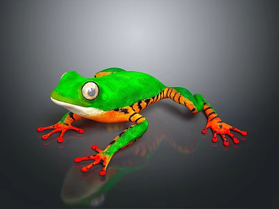 Vibrant Green Frog With Orange Legs And White Eyes On Dark Surface 3d model