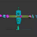 Blue 3D Grid Robot Surrounded By Glowing Neon Shapes Triangles Stars And Rings