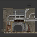 Industrial Machinery Structure With Metal Pipes Concrete Walls And Mechanical Components