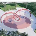 Red Arch Swing Playground Equipment With Two Seats And Green Trees In Park
