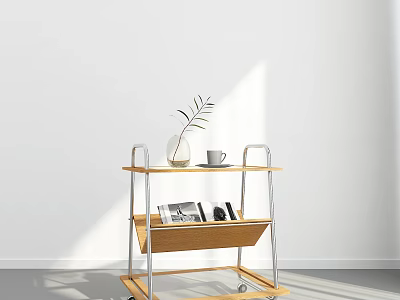 Minimalist Mobile Storage Shelf With Wooden Layers Metal Frame And Rolling Wheels 3d model