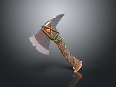 Battle Axe Weapon With Rustic Metal Blade Carved Wooden Handle And Green Decorative Inlays 3d model