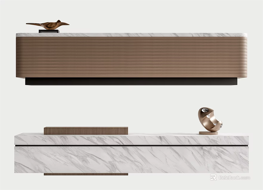 Modern Reception Desk Design With Marble Countertop And Decorative Bird Figurine Metal Sculpture 3d model 