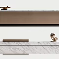 Modern Reception Desk Design With Marble Countertop And Decorative Bird Figurine Metal Sculpture