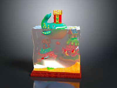 Green Whale in Transparent Cube with Small House on Back Colorful Fish and Orange Base 3d model