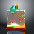 Green Whale in Transparent Cube with Small House on Back Colorful Fish and Orange Base