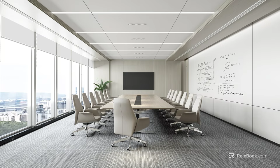Modern Conference Room With Long Table Chairs Large Windows City View And Whiteboard Sketches 3d model 