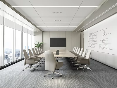 Modern Conference Room With Long Table Chairs Large Windows City View And Whiteboard Sketches 3d model