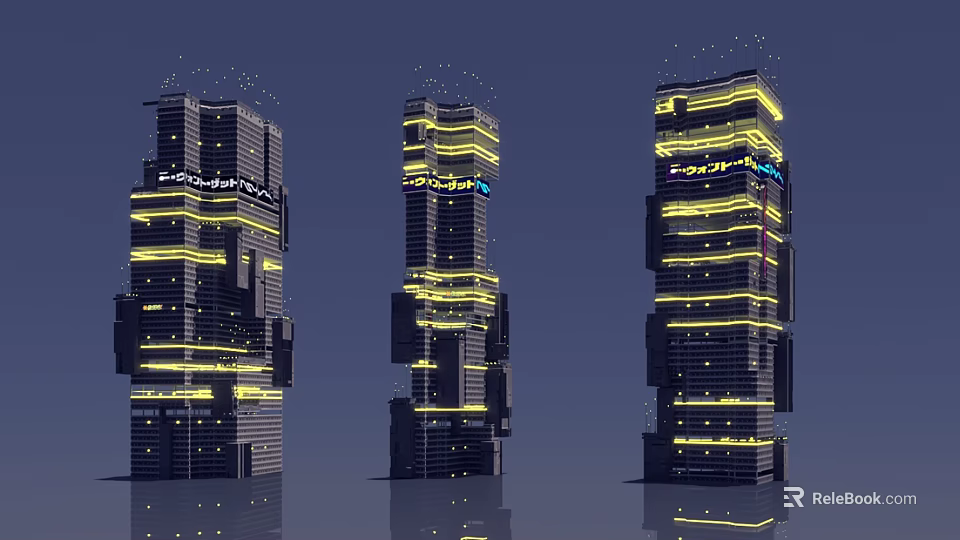 Futuristic Skyscrapers With Illuminated Yellow Lights And Unique Vertical Design 3d model 