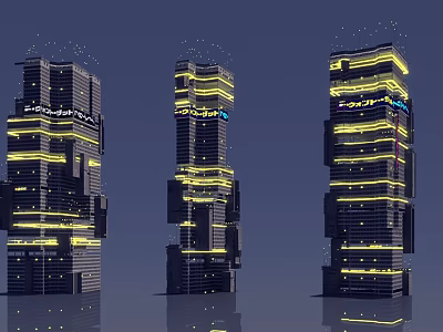 Futuristic Skyscrapers With Illuminated Yellow Lights And Unique Vertical Design 3d model