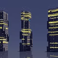 Futuristic Skyscrapers With Illuminated Yellow Lights And Unique Vertical Design