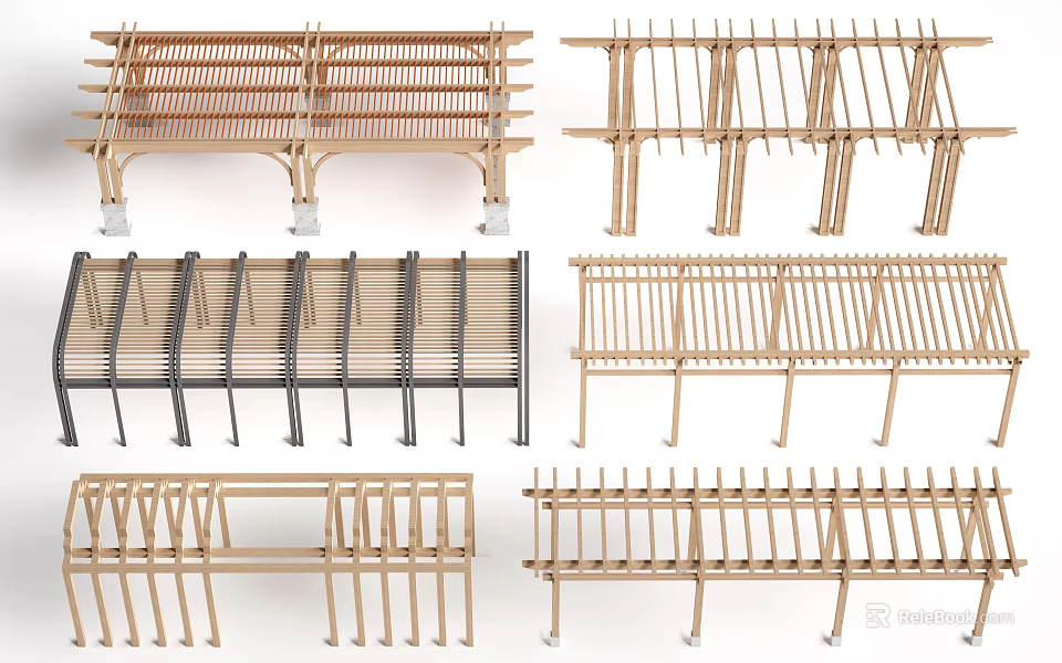 Various Slatted Pergola Designs In Wood And Metal For Outdoor Garden Use 3d model 