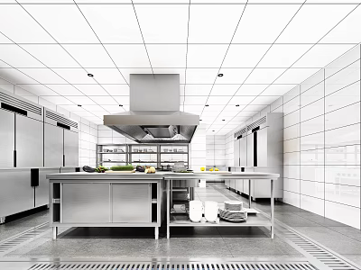Commercial Kitchen Interior With Stainless Steel Workbench Range Hood And White Tiled Walls 3d model