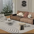 Modern Living Room Interior With Brown Sofa Plush Toys White Coffee Table And Wave Rug