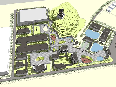 Traditional Architectural Complex Layout With Tower Structure Multiple Buildings Ponds Green Spaces And Pathways 3d model
