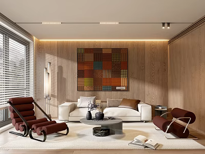 Modern Living Room Interior With Wooden Walls Colorful Geometric Painting White Sofa And Red Armchairs 3d model