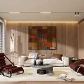 Modern Living Room Interior With Wooden Walls Colorful Geometric Painting White Sofa And Red Armchairs