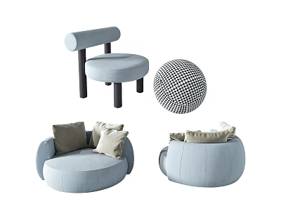 Modern Light Blue Single Sofa With Round Design Soft Cushions And Decorative Ball 3d model