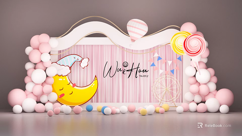 Sweet Fun Themed Party Decoration With Pink White Balloons Yellow Moon And Lollipops 3d model 