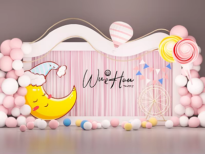 Sweet Fun Themed Party Decoration With Pink White Balloons Yellow Moon And Lollipops 3d model