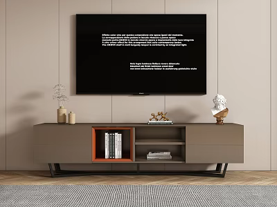 Minimalist TV Stand In Living Room With Wall Mounted TV Open Shelves And Decorative Items 3d model