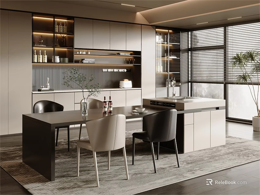 Modern Restaurant Interior Design With Dining Table Chairs Island Windows And Plants 3d model