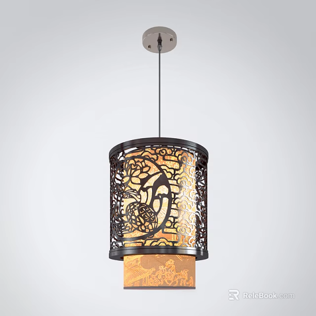 Traditional Chinese Style Chandelier With Intricate Carved Openwork And Warm Yellow Light 3d model 