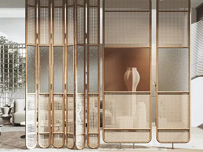 Modern Living Room Room Divider With Wooden Frame Rattan Grid Design And Glass Panels 3d model