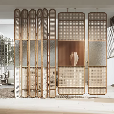 Modern Living Room Room Divider With Wooden Frame Rattan Grid Design And Glass Panels 3d model