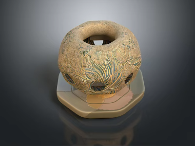 Vintage Decorative Circular Ceramic Ornament With Colorful Intricate Patterns On Hexagonal Base 3d model