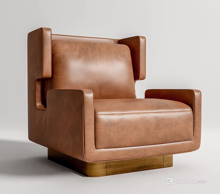 Modern Minimalist Brown Leather Single Sofa With Square Armrests And Wooden Base 3d model 
