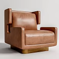 Modern Minimalist Brown Leather Single Sofa With Square Armrests And Wooden Base