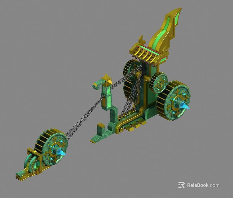 Ancient Intricate Mechanical Device With Gears Chains And Green Gold Ornate Structure 3d model 