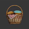 Wicker Basket Filled With Fresh Croissants Blue Frosted Donut And Patterned Cloth