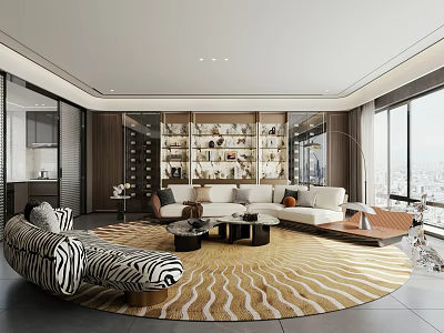 Elegant Modern Living Room Interior With White Sofa Round Striped Rug And Bookshelf 3d model