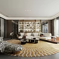 Elegant Modern Living Room Interior With White Sofa Round Striped Rug And Bookshelf