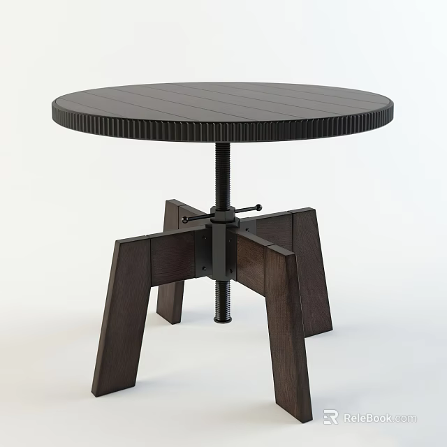 Round Dark Colored Coffee Table With Striped Top And Wooden Legs Structure 3d model 