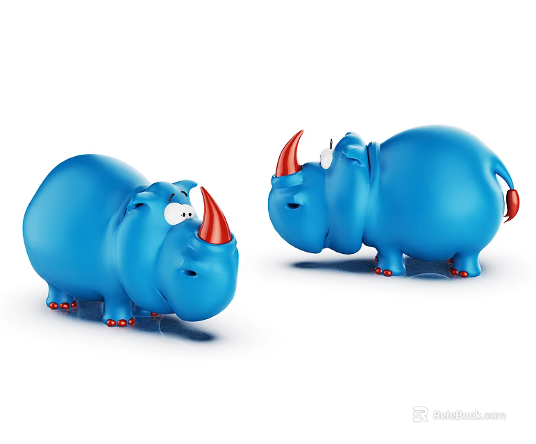Cute Blue Cartoon Rhino Game Movie Characters With Red Horns White Eyes Red Feet 3d model 