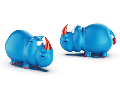Cute Blue Cartoon Rhino Game Movie Characters With Red Horns White Eyes Red Feet 3d model