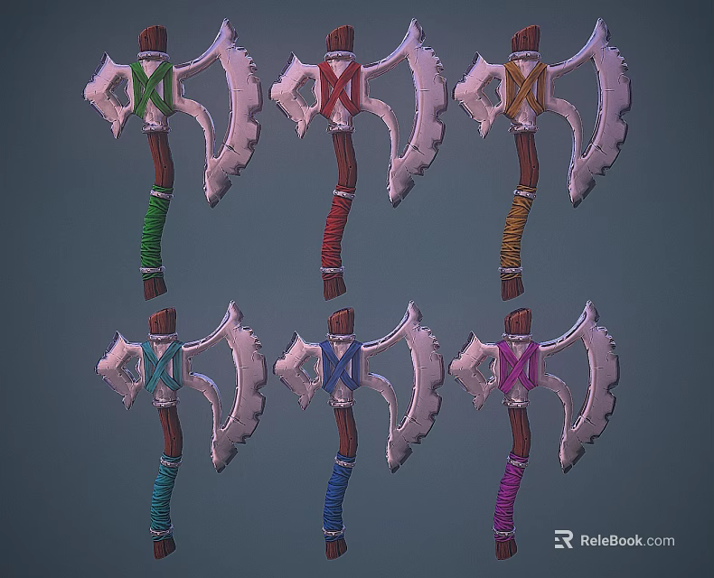 Multiple Axes With Different Colored Handles As Decorative Or Game Weapon Designs 3d model 