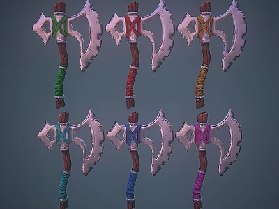 Multiple Axes With Different Colored Handles As Decorative Or Game Weapon Designs 3d model